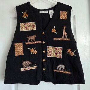Victoria Jones Vtg Vest Women Medium Black Embroidered Safari Animals Sleeveless